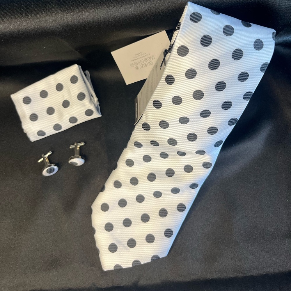 NWT-Silk Polka Dot Tie Set - Black and White - Picture 3 of 3